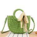 Green semi-circle woven straw bag with beige lace bow and matching crossbody strap - Green with Lace Ribbon