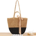 Borsa da spiaggia bohémien in corda di carta bicolore con fiocco in nastro rosa - Grande Marrone Chiaro Fondo Nero