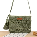 Borsa a tracolla verde in corda di carta fatta a mano con nappe e patch in pelle - Verde Militare
