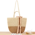 Borsa mare bohémien in paglia bicolore con elegante fiocco in nastro di raso - Grande Beige Fondo Marrone Chiaro