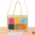 Borsa tote in paglia beige fatta a mano con sei fiori all'uncinetto colorati e manici - Beige