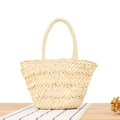 Minimalist beige corn husk woven handbag with circular handles for summer beach vacations - Original Color
