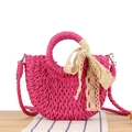 Rose red woven semi-circle handbag with lace ribbon and detachable strap for beach - Rose Red with Lace Ribbon