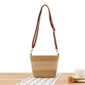 Beige and brown striped woven bucket bag with adjustable dark leather shoulder strap - Camel (Beige Stripes)