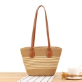Borsa da spiaggia minimalista in paglia con strisce marroni e manici in ecopelle per vacanza - Cammello (Righe Bianche Piccolo)
