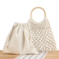Handgefertigte beige Baumwolltasche mit Holzgriff und Kordelzug-Innentasche aus Segeltuch - Weiß + Weißer Innenbeutel / Weiß