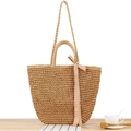 Beige paper rope woven tote bag featuring a decorative satin bow handle for beach holidays - Large Light Brown
