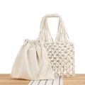 Handmade woven hollow handbag with cream cotton mesh and canvas drawstring inner bag - White with White Liner