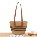Borsa tote in paglia intrecciata marrone chiaro con strisce nere e manici in pelle - Cammello (Righe Nere Piccolo)