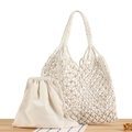 Chic cream woven shoulder bag with cotton drawstring inner pouch for casual vacation - White with White Liner