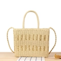 Minimalistische beige gewebte Stroh-Strandtasche mit Goldakzenten und Tragegriff - Dunkelbeige (Goldfaden)