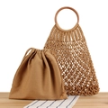 Bolso de red bohemio en cuerda de algodón con asa redonda de madera y bolsa interna marrón - Camel (Con Forro Camel)