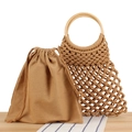 Braune geflochtene Netztasche mit Holzgriffen und Canvas-Innentasche mit Kordelzug - Kamel + Kamelfarbener Innenbeutel / Camel