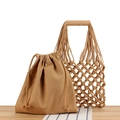 Handmade woven cotton rope mesh tote bag with coffee drawstring inner liner set - Camel with Camel Liner