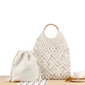 Bolso de playa artesanal de cuerda de algodón crema con asas redondas de madera - Blanco Con Asa Marrón y Bolsa Interior Blanca