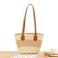 Borsa tote in corda di carta intrecciata beige con strisce e tracolla in pelle - Beige (Righe Marroni Piccolo)