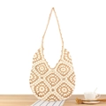 Handgefertigte Häkeltasche mit beige-braunem Sonnenblumenmuster im Boho-Stil - Camel und Weiß Rautenmuster