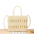 Handgewebte Stroh-Strandtasche mit goldenen Streifen und langem geflochtenem Gurt - Hellbeige (Goldfaden)