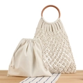 Bolso tipo tote tejido de cuerda de algodón crema con asas redondas de madera y bolsa interna - Blanco Roto (Con Bolsa Interior Blanca)