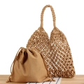 Khaki woven mesh shoulder bag with matching canvas drawstring inner pouch set - Camel with Camel Liner