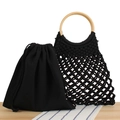 Handgefertigte schwarze gewebte Strandtasche aus Baumwolle mit Holzgriffen und Innenbeutel - Schwarz + Schwarzer Innenbeutel / Schwarz