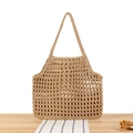 Khaki hand-woven hollow cotton mesh tote bag for women's casual beach vacation - Camel