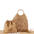 Bolso de cuerda de algodón tejido caqui con asas redondas de madera y forro interior - Camel Con Asa Marrón y Bolsa Interior Camel