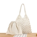 Bolso de hombro de malla tejida beige con bolsa interior de lona con cordón ajustable - Blanco Con Forro Blanco