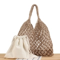 Handmade woven tote bag with a canvas drawstring inner pouch in natural sand color - Grey with White Liner