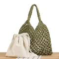 Green handmade woven shoulder bag with a white canvas inner drawstring pouch for women - Army Green with White Liner