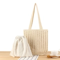 Beige crochet cotton rope tote bag with a matching drawstring inner pouch set - Beige (With White Inner Pouch)