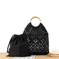 Bolso de mano de algodón tejido negro con asa redonda de madera y forro interior - Negro Con Asa Marrón y Bolsa Interior Negra