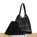 Bolso de hombro de malla tejida negra con bolsa interior de lona con cordón ajustable - Negro Con Forro Negro