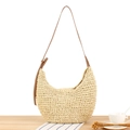 Minimalistische Stroh-Mondtasche in Beige mit verstellbarem braunem Lederriemen - Beige