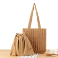 Beige crochet hollow tote bag set with drawstring liner on a wooden table - Camel (With Camel Inner Pouch)