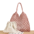 Handmade woven hollow tote bag in dusty rose pink with a cream drawstring cotton inner pouch - Pink with White Liner