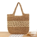 Tan paper rope woven shoulder bag with white openwork pattern for casual beach vacations - Camel