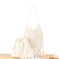 Bolso de playa de macramé crema hecho a mano con diseño calado y detalle de flecos - Beige (Con Forro)