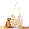Sac fourre-tout au crochet fait main beige avec motifs floraux et doublure à cordon - Losange Camel et Blanc Avec Sac Intérieur Camel
