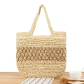 Handwoven paper straw tote bag with brown crochet patterns for beach and daily leisure - Off White