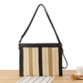 Crossbody woven paper bag with vertical beige brown and black stripes and slim strap - Black
