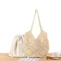 Beige crochet knit tote bag with white drawstring inner pouch on a wooden table - Beige (With White Lining)