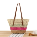 Striped paper straw tote bag with brown leather handles and colorful woven patterns - Green Pink Coffee