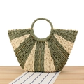 Borsa in corda di carta intrecciata verde e beige con manici rotondi e trama a ventaglio - Righe Verde Militare