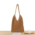 Handgefertigte khakifarbene Häkel-Strandtasche mit Lochmuster für den Sommerurlaub - Camel