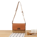 Straw and light brown leather crossbody bag with a gold twist lock and woven texture - Camel