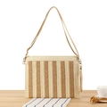 Minimalist straw woven crossbody bag with brown vertical stripes and adjustable strap - Off White