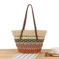 Large striped straw tote bag in cream, green, and pink with brown leather handles - Green Pink Orange
