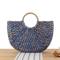 Minimalist straw woven handbag with blue and natural paper rope patterns - Blue