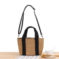 Sac fourre-tout en paille tissée naturelle avec anses en toile noire et bandoulière - Chameau